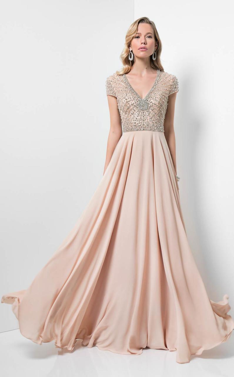 Image of Terani Couture - Embellished V-Neck Chiffon A-line Gown 1712M3429