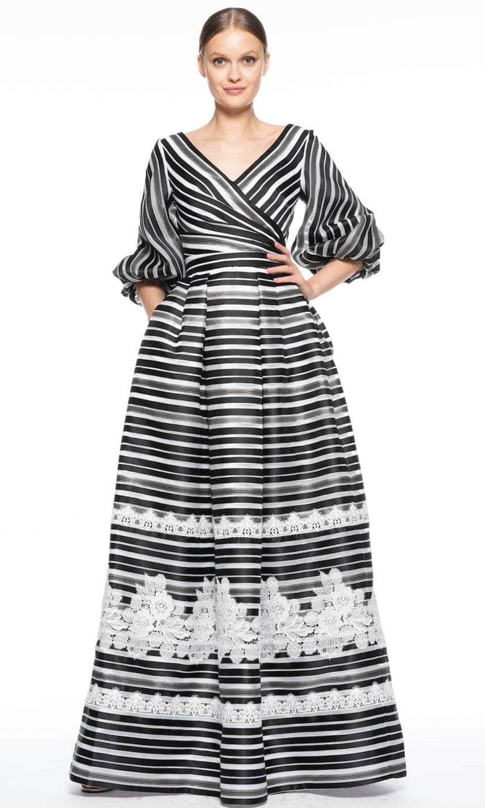 Image of Theia 8812269 - Faux Wrap Stripe Evening Dress