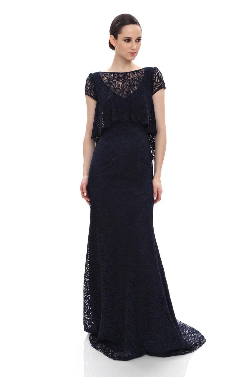 Image of Theia - 882445 Lace Bateau Neck Cap Sleeves Trumpet Dress