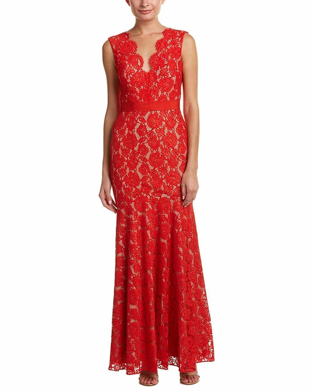 Image of Theia - 883183 Floral Lace Scalloped V-neck Trumpet Dress