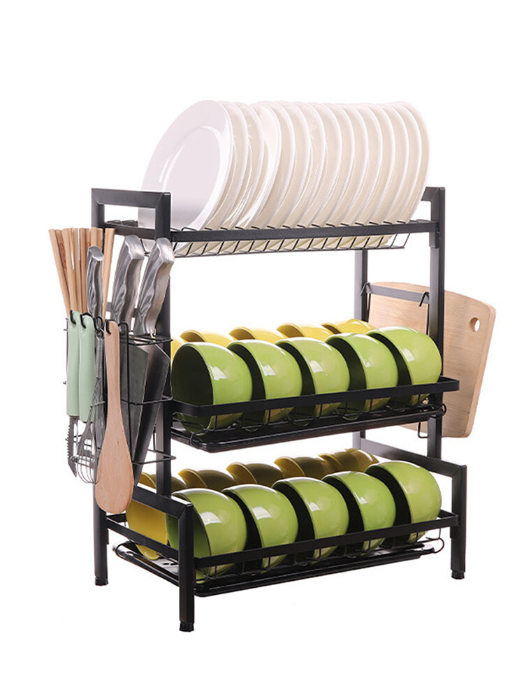 Image of Three-tier Kitchen Multi-function Storage Rack and Dish Rack Storage Cabinet