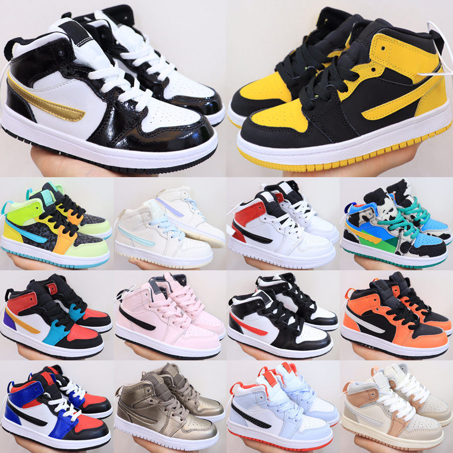 Image of Top 1 Mid Kids Basketball Shoes Classic Jump 1S Boys Girls Sneakers New Love Patent Black Gold Clover Phantom Top 3 Pink Foam Toddler Traine