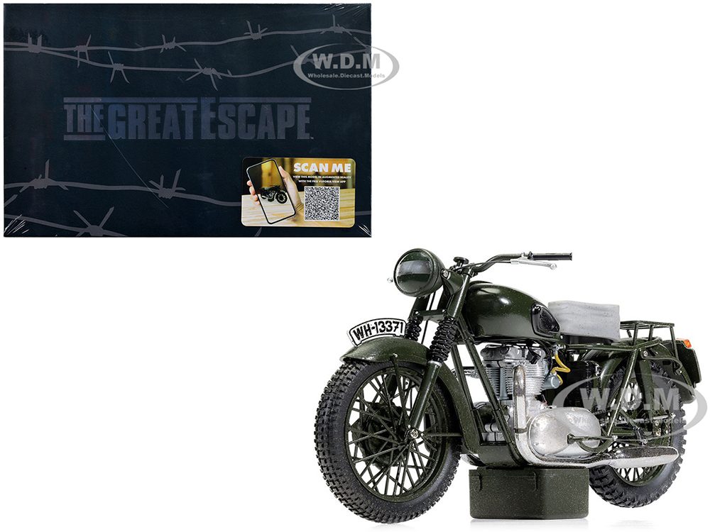 Image of Triumph TR6 Trophy Motorcycle Dark Green (Weathered) "The Great Escape" (1963) Movie Diecast Model by Corgi