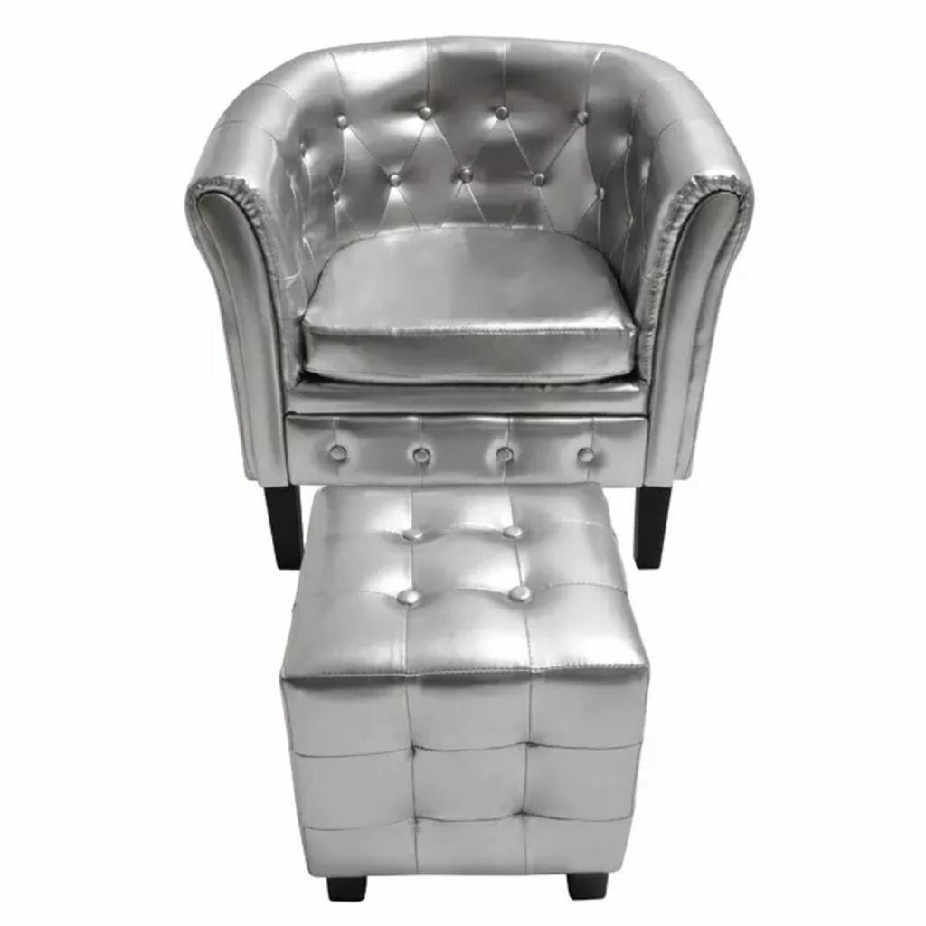 Image of Tub Chair with Footrest Silver Faux Leather