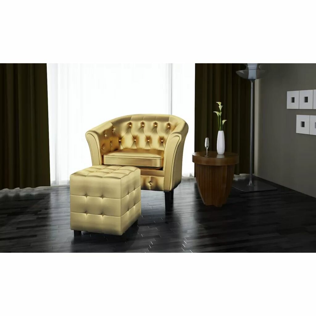Image of Tub Chair with Footstool Gold Faux Leather