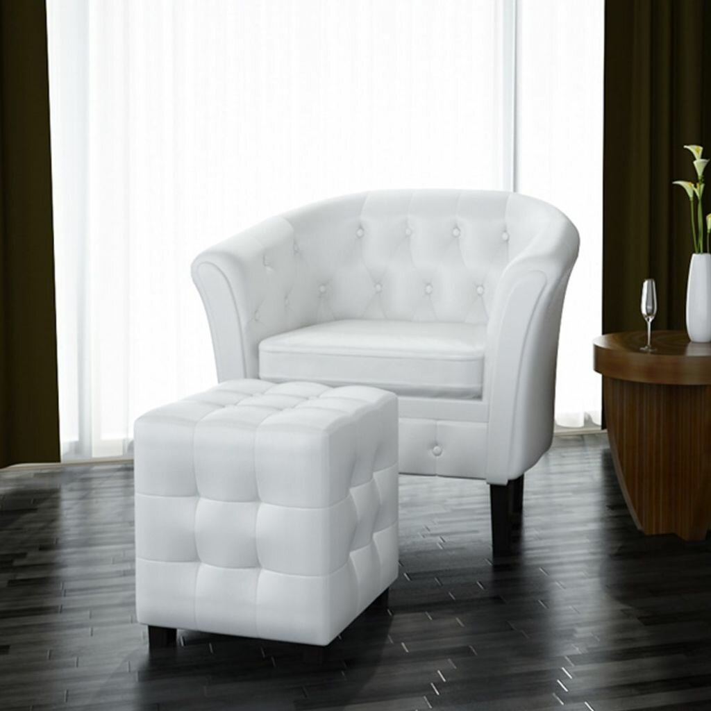 Image of Tub Chair with Footstool White Faux Leather