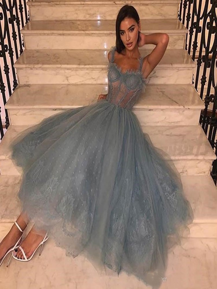Image of Tulle Prom Dresses Sweetheart Spaghetti Straps Lace Robe De Soiree Party Gowns See Through Waist A Line Bride evening Dress