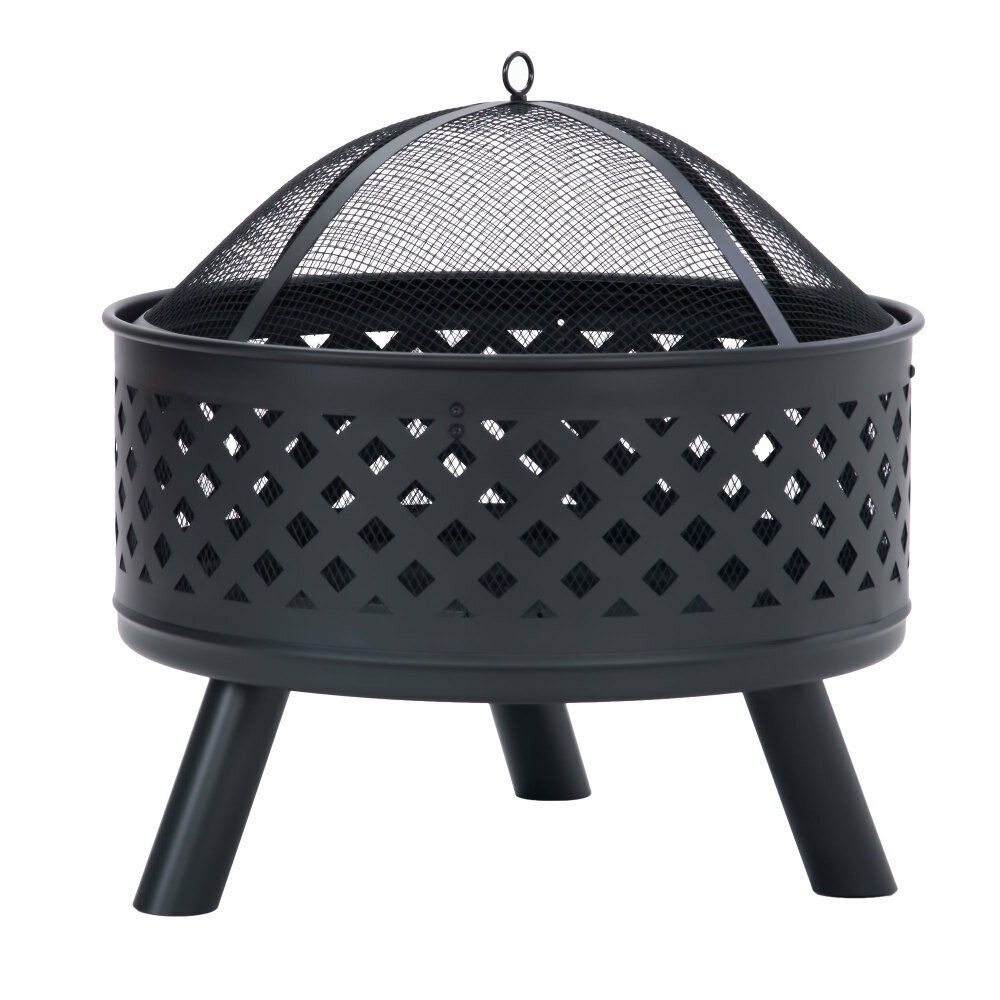 Image of [US Direct] U-style Round Fire Pit Steel Wood Burning Camping BBQ Grill Heater with Spark Screen for Backyard Garden Cam