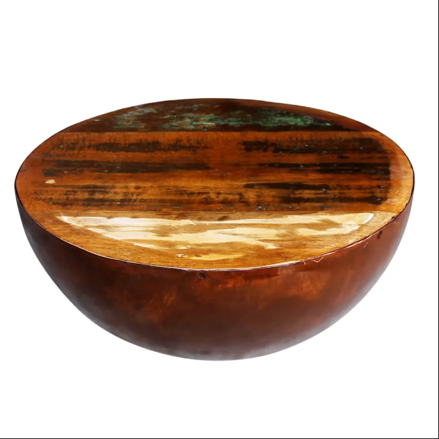 Image of Unique Coffee Table Bowl-shaped with Steel Base Solid Reclaimed Wood Accent End Table