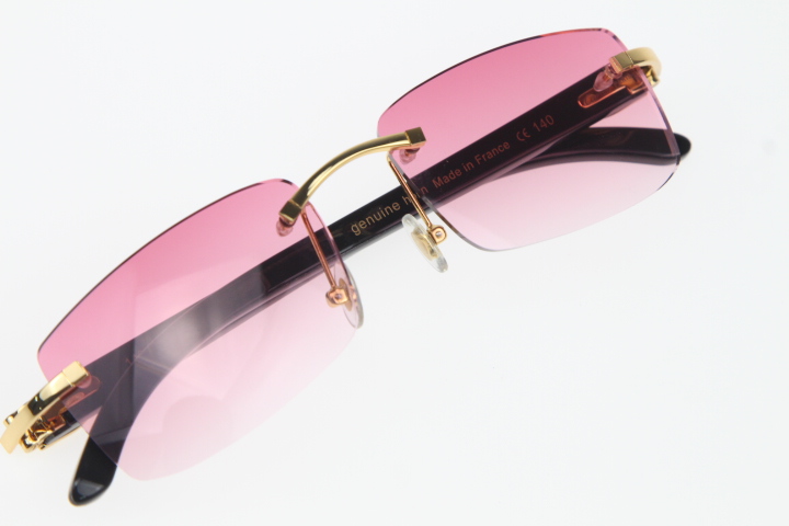 Image of Unisex Rimless Sunglasses Black Genuine Buffalo horn 8200757 Sunglasses Hot Glasses New Pink Lens Frame Fashion Accessories Size: 56-18-140mm