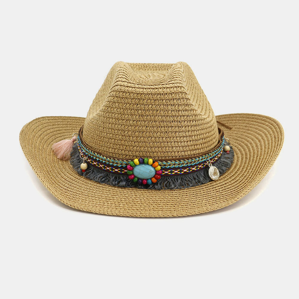 Image of Unisex Sunscreen Travel Beach Sun Hat Western Cowboy Ethnic Style Seaside Straw Hat