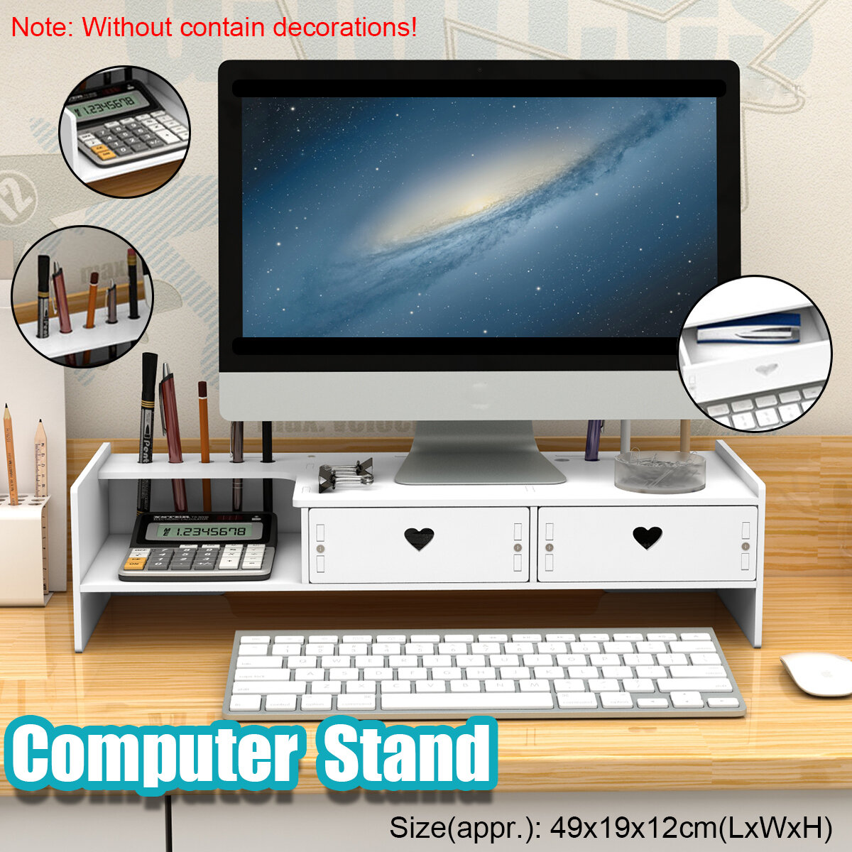 Image of Universal with Storage Drawer Macbook PC Riser Laptop Monitor Wooden Desktop Stand Holder Screen Rack Organizer