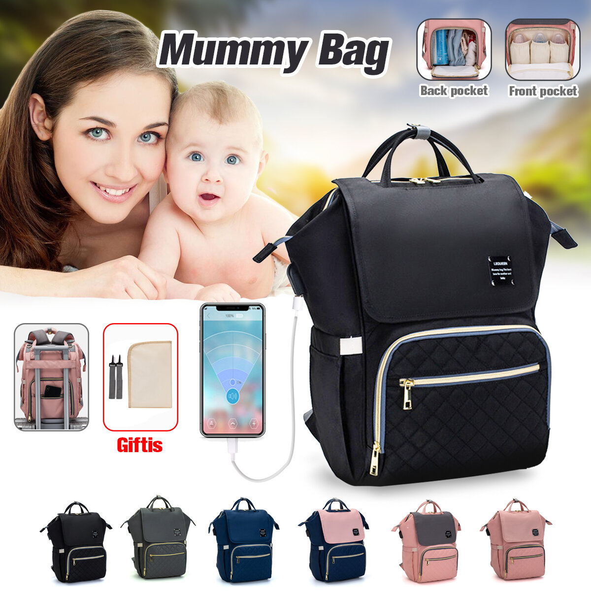 Image of [Upgrade Version] LEQUEEN Large Capacity Outdoor Trip Travel Diaper Storage with USB Charging Port Mummy Bag Backpack