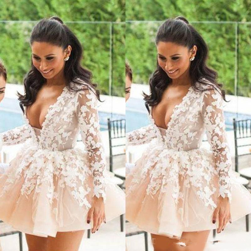 Image of V Neck Short Mini cocktail Homecoming Dresses Long Sleeve Lace Applique Prom Dress Formal Party Evening Gowns