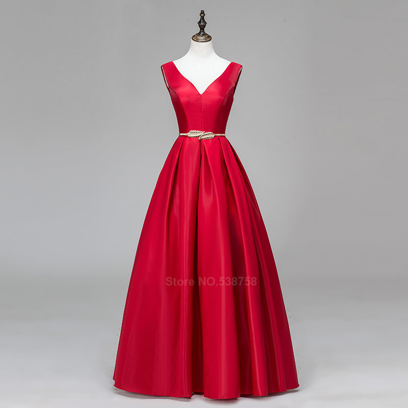 Image of V-neck Double shoulder prom dress long a-line red elegant stain formal evening party dresses robe de soiree