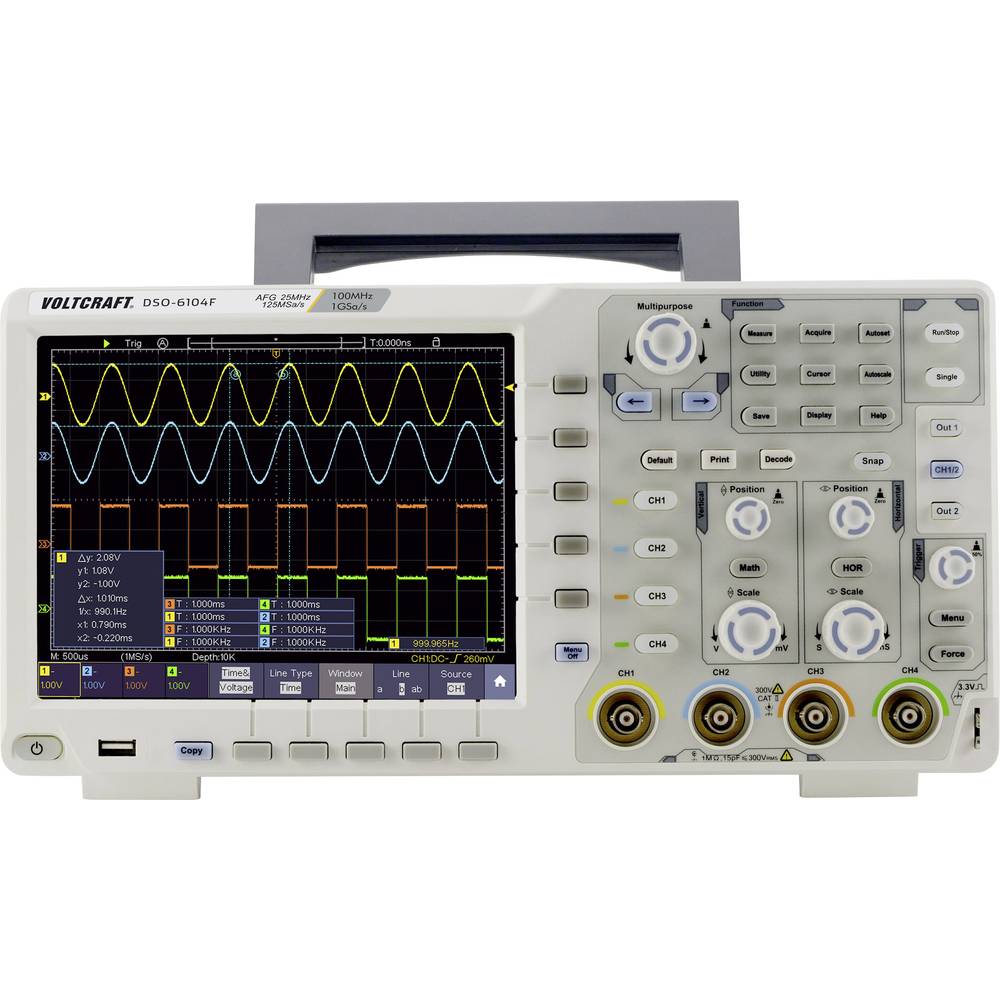 Image of VOLTCRAFT DSO-6104F Digital 100 MHz 4-channel 1 GS/s 40000 KP 8 Bit Digital storage (DSO) Function generator 1 pc(s)