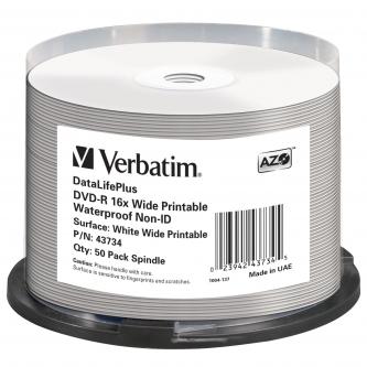 Image of Verbatim DVD-R Wide Printable Waterproof No ID Brand 43734 47GB 16x spindle 50-pack 12cm pro archivaci dat CZ ID 411561