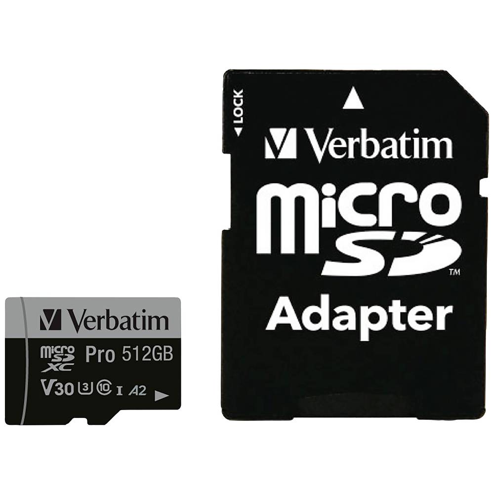 Image of Verbatim Pro microSDXC card 512 GB UHS-Class 3 4k video support A2 rating incl SD adapter shockproof Waterproof