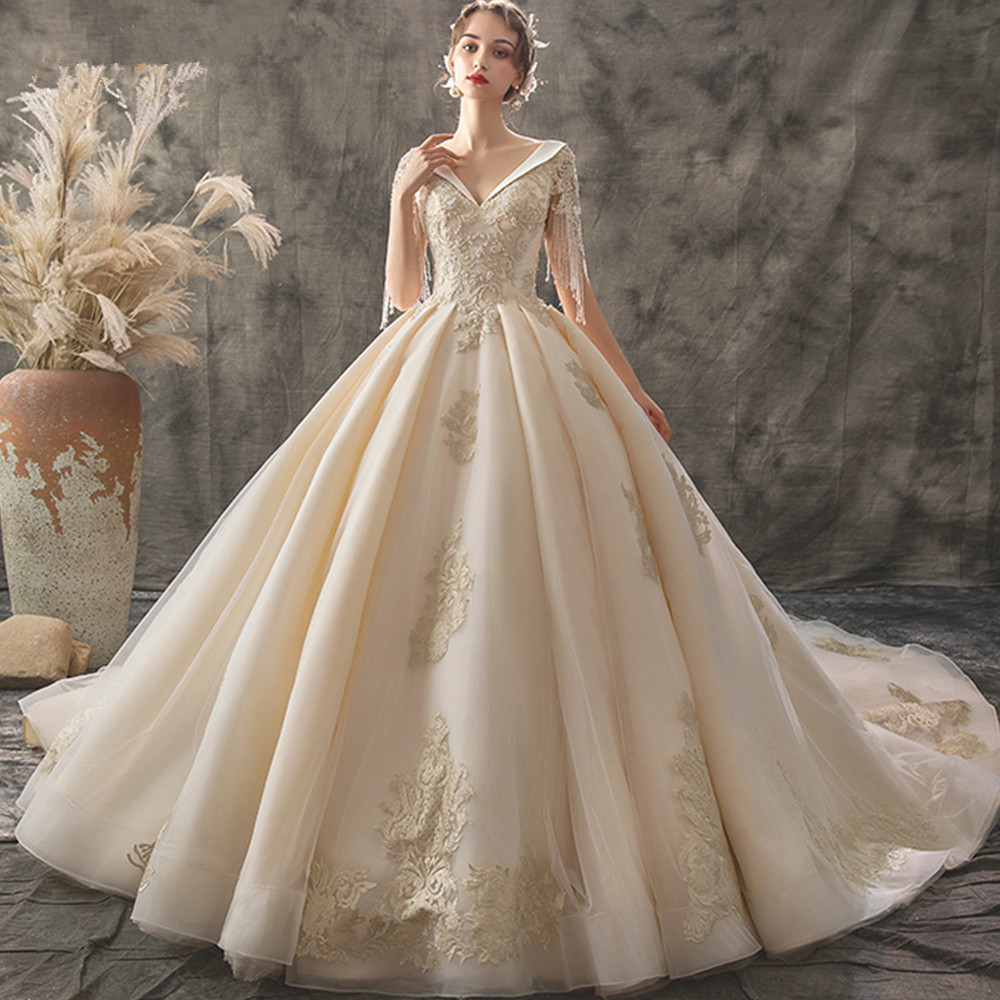 Image of Vestido De Noiva Princesa 2022 Gown Custom Made V-neck Lace Up Beading Sequins Gold Appliques Ball Wedding