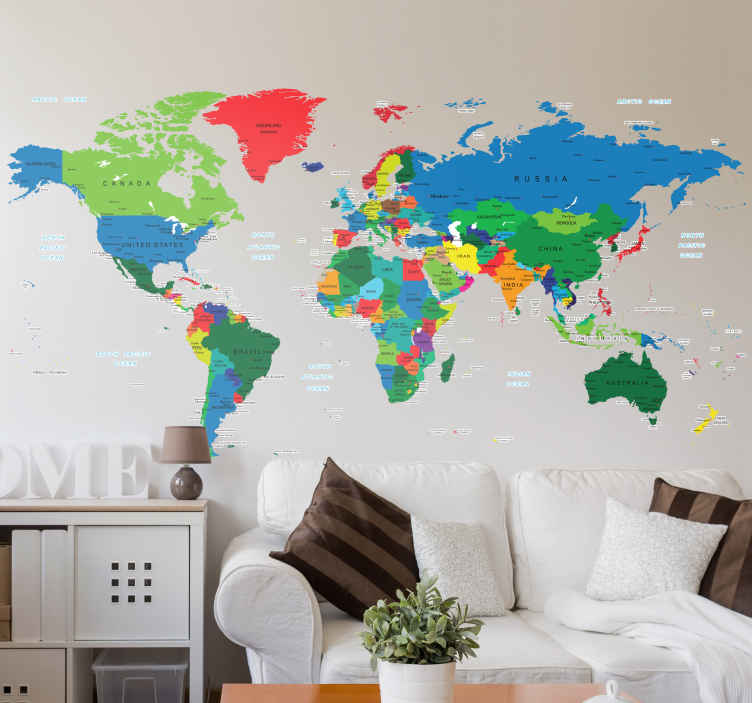 Image of Vinilo mapamundi fronteras países a todo color