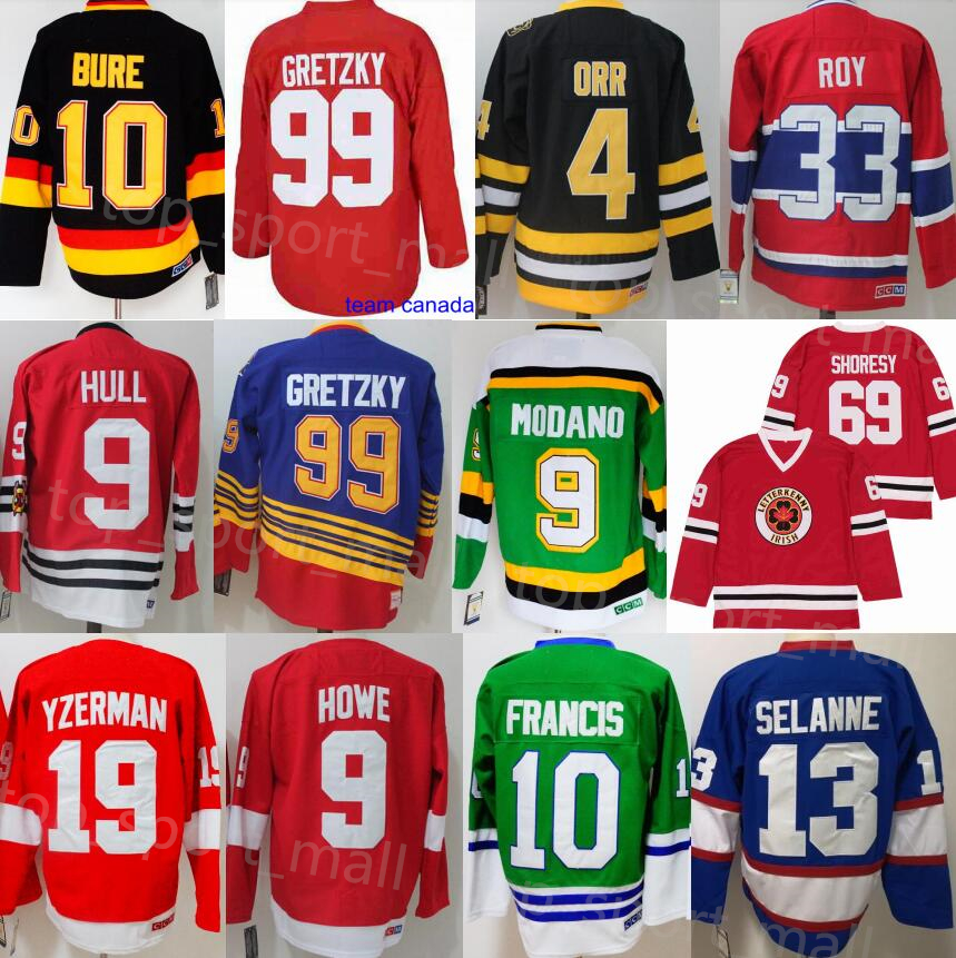 Image of Vintage CCM Hockey Jerseys 4 Bobby Orr 9 Hull 99 Wayne Gretzky 13 Teemu Selanne 33 Patrick Roy 10 Ron Francis Gordie Howe 19 Steve Yzerman 6