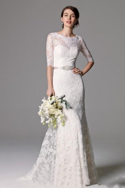 Image of Vintage Lace Wedding Dresses with Beaded Ribbon Buttons Back Gowns Half Sleeves Dress