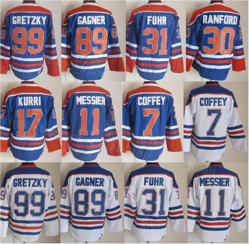 Image of Vintage Retro Ice Hockey 31 Grant Fuhr Jersey 99 Wayne Gretzky 11 Mark Messier 30 Bill Ranford 7 Paul Coffey 89 Sam Gagner 17 Jari Kurri Sti