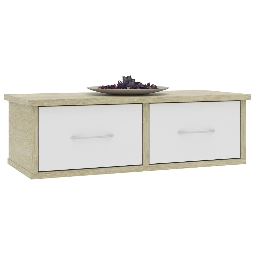 Image of Wall-mounted Drawer Shelf White and Sonoma Oak 236"x102"x72" Chipboard
