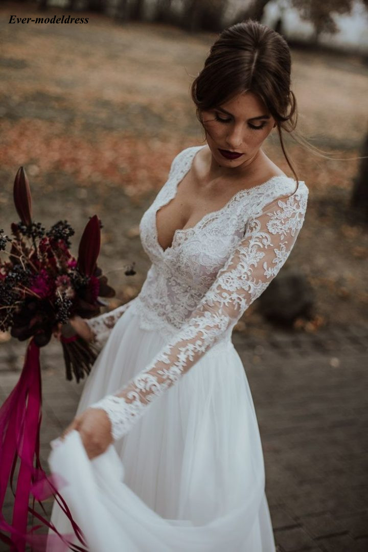 Image of Wedding Dress vestido noiva Sleeves V-Neck Long Beach Bridal Gowns Floor Length Appliques Zipper Back Simple Robe De Mariee