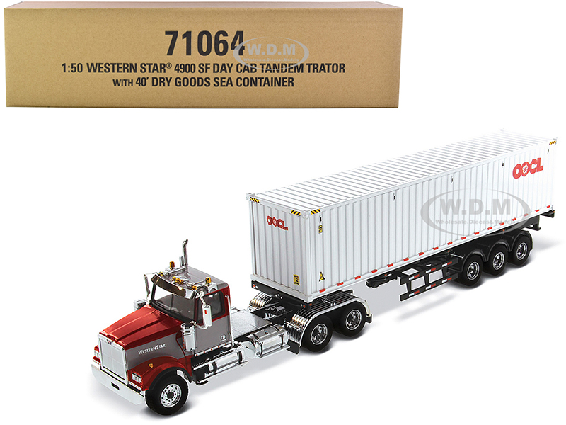 Image of Western Star 4900 SF Tandem Day Cab Truck Tractor Red and Gray with 40 Dry Goods Sea Container "OOCL" White "Transport Series" 1/50 Diecast Model by