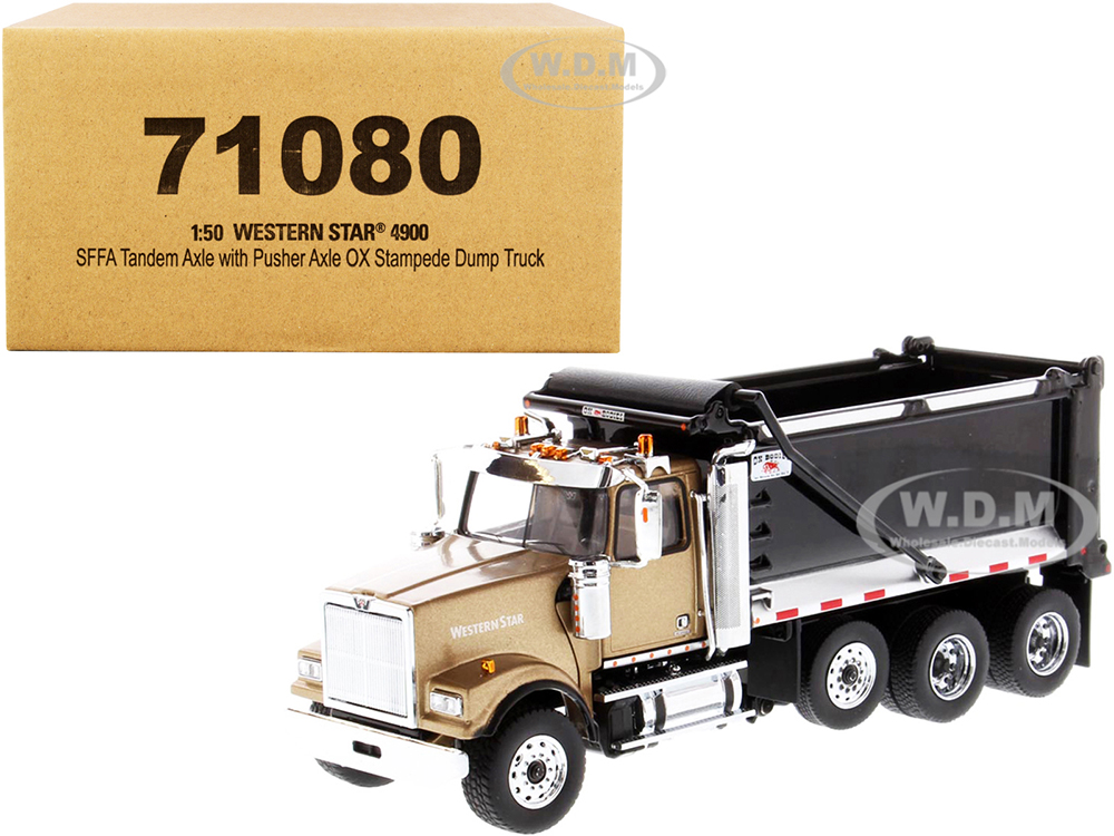 Image of Western Star 4900 SFFA Tandem with Pusher Axle OX Stampede Dump Truck Gold and Black "Transport Series" 1/50 Diecast Model by Diecast Masters