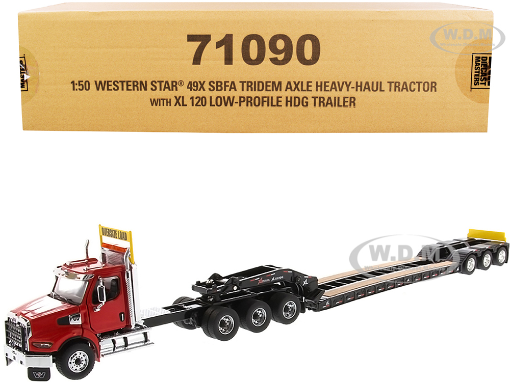Image of Western Star 49X SBFA Tridem Axle Heavy-Haul Tractor with XL 120 Low-Profile HDG Trailer Red and Black "Transport Series" 1/50 Diecast Model by Dieca