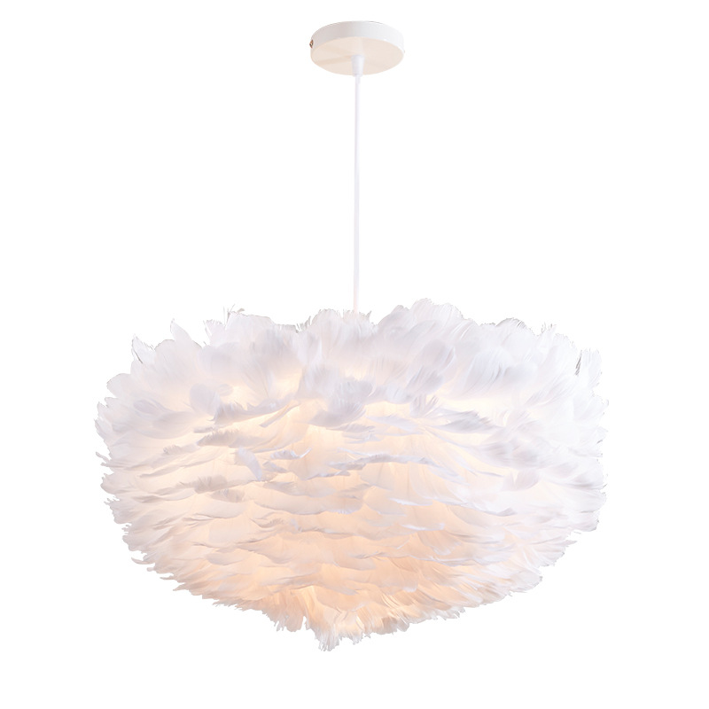 Image of White Feather Pendant Light Nordic Children&#039s Bedroom Hanging Lamp Romantic Modern Minimalist Dining Room Pendant Lamps