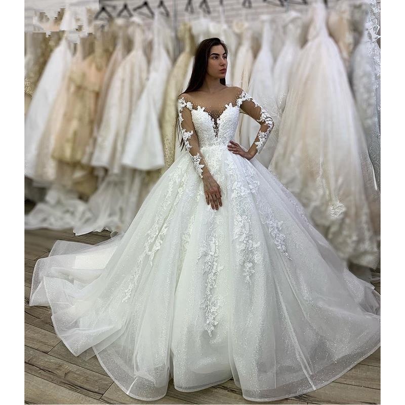 Image of White Tulle Lace Appliques Long Sleeves V-Neck Floor-Length Ball gown Wedding dress Chapel Train Custom made