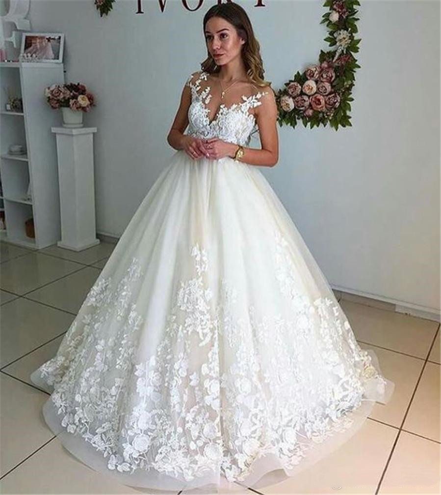 Image of White V Neck Lace Wedding Gowns Sleeveless Appliques Top Sheer Neckline Floor Length Bridal Dresses Custom Made