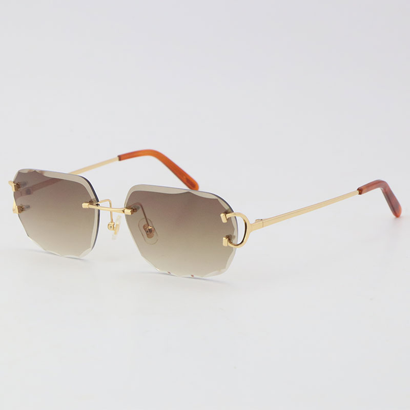 Image of Wholesale 18K Gold Diamond Cut Lenses Sunglasses Women Designer Rimless With C Decoration Wire Frame Unisex Driving Sun Glasses UV400 Fashio