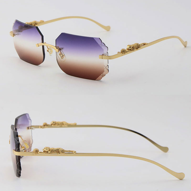 Image of Wholesale Metal Leopard Series Diamond cut Lens Rimless Sunglasses Ornamental Glasses 18K Gold Brown Large Square Sun Glasses Man Woman Fram