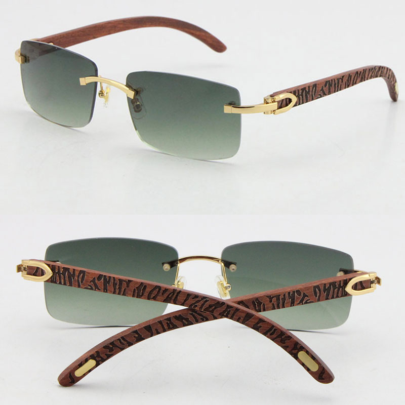 Image of Wholesale Selling 8200757 Style Rimless Carved Wood Sunglasses Unisex Ornamental Decor UV400 Lens frame Original Wooden Glasses male and female