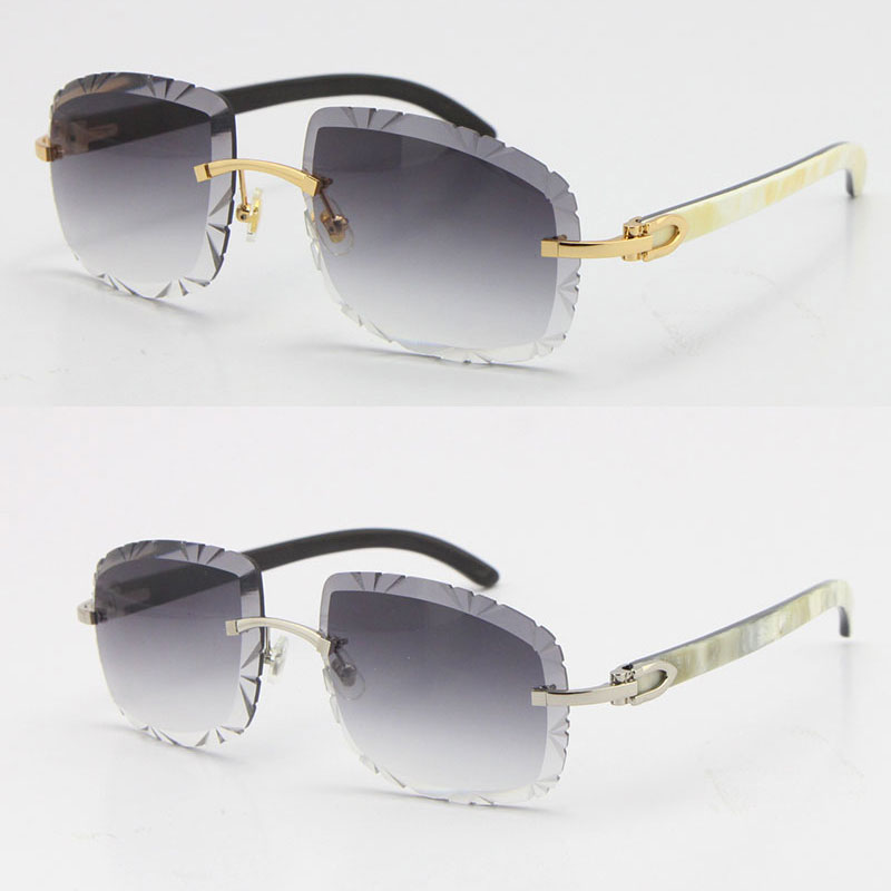 Image of Wholesale Sunglasses for women Luxury T8200762 diamond Cut Carved lens UV400 Unisex Rimless White Inside Black Buffalo Horn Sun glasses Vint