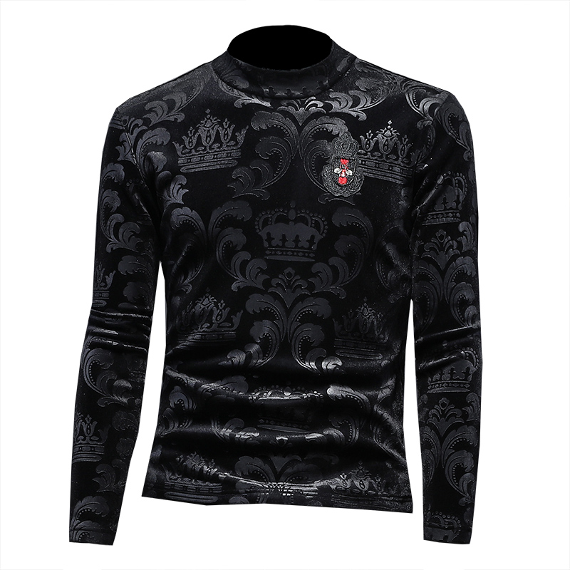 Image of Winter Men&#039s Tops High Neck Gold Velvet T-Shirts Long Sleeves Slim Fit Fashion Embroidered Patterns Thickened Warm Casual Bottoming Shirts