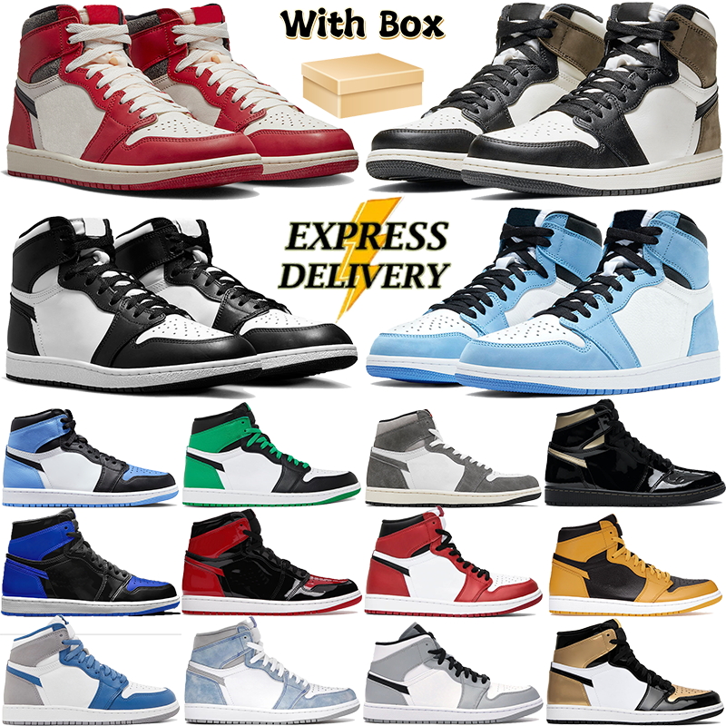 Image of With Box 1 1s Basketball Shoes for Men Women Sneakers High Dark Mocha Leather Mens Trainers Black White UNC Toe University Blue Patent Bred