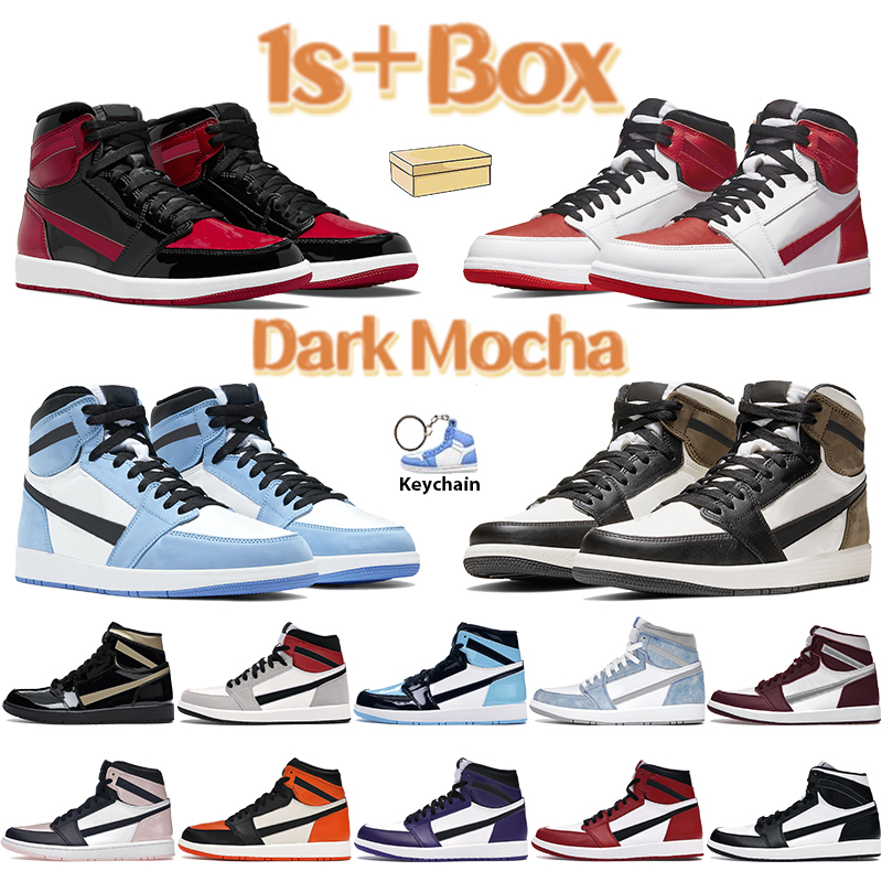 Image of With Box 1 1s Men Basketball Shoes Bred Patent Light Smoke Grey High Dark Mocha Hyper Royal Chicago Satin Black Twist Court Purple Mens Sneakers