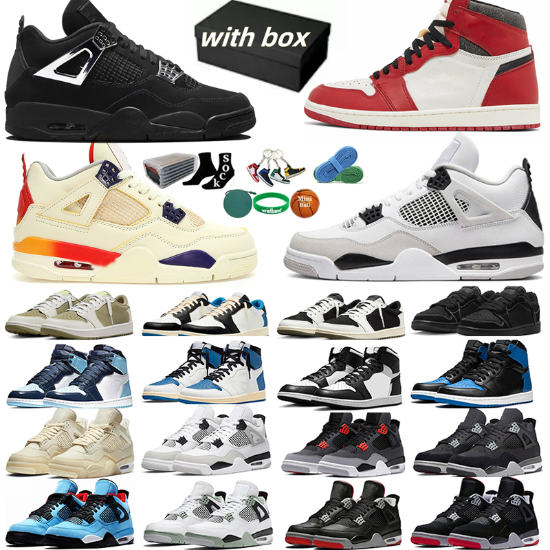 Image of With Box 4 4s Men Women Basketball Shoes 1s Chrome Black Cat Frozen Moments Canvas Military Black White Oreo Dark Mocha Sail Gold Bred Olive
