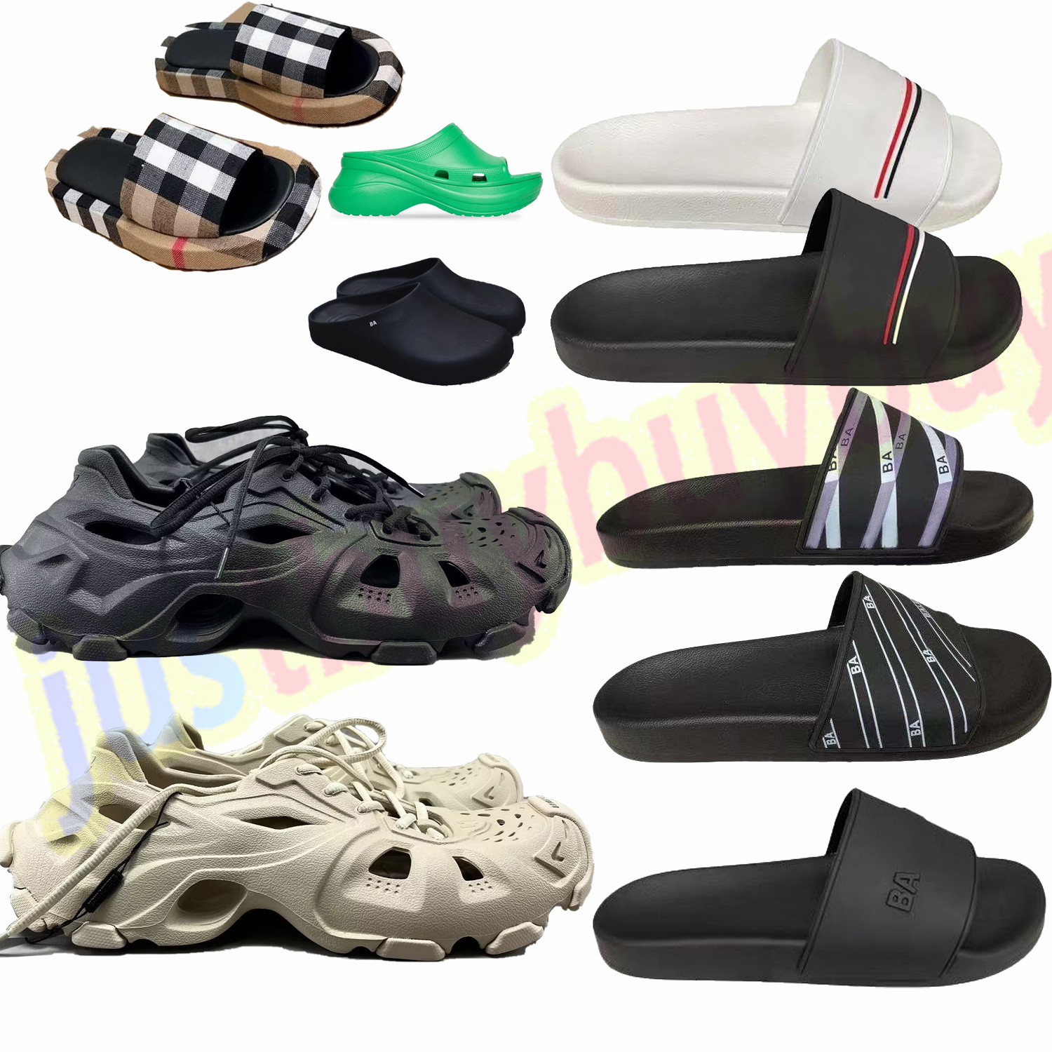 Image of With Box Pairs Luxury Slippers HD Lace-up Sneaker Sandals Mold Pool Slides burbrerysS Dark Designer Men Women Slipper Rubber Slide Beach San