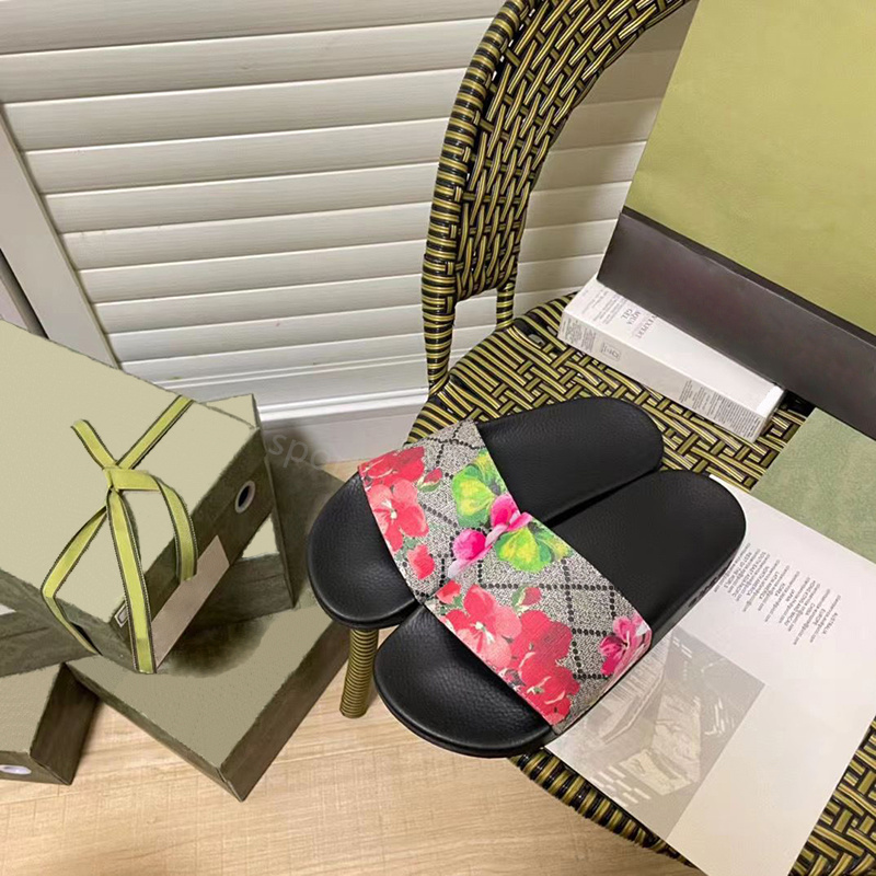 Image of With box designer slides for men women luxury slippers pantoufle flower flat slipper genuine leather rubber sandal mens womens summer beach