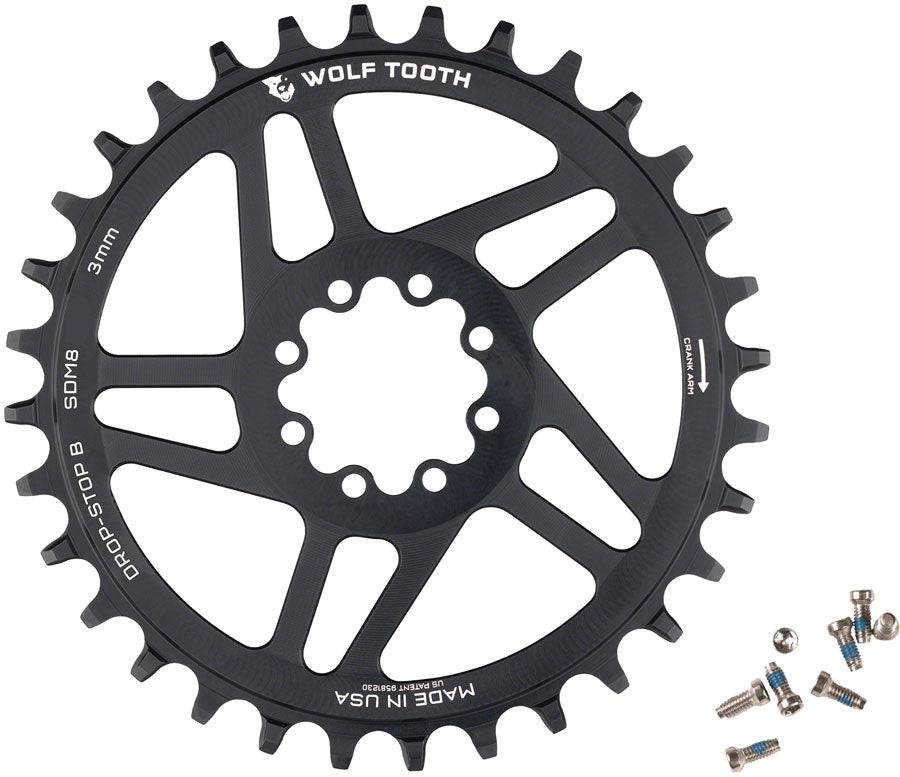 Image of Wolf Tooth Direct Mount Chainring - 30t SRAM Direct Mount Drop-Stop B For SRAM 8-Bolt Cranksets 3mm Offset Black