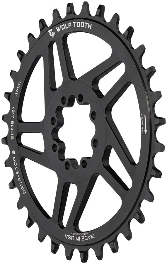 Image of Wolf Tooth Direct Mount Chainring - 32t SRAM Direct Mount Drop-Stop B For SRAM 8-Bolt Cranksets 3mm Offset Black