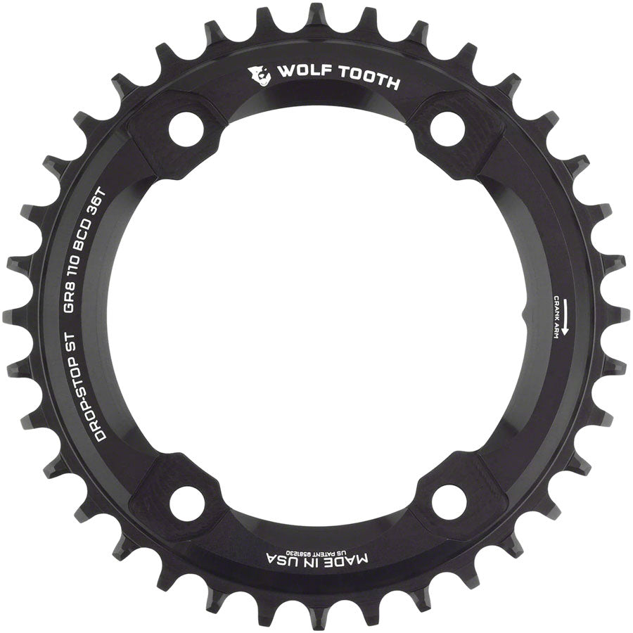Image of Wolf Tooth Shimano 110 Asymmetric BCD Chainring - 36t 110 Asymmetric BCD 4-Bolt Drop-Stop ST For Shimano GRX Cranks Black