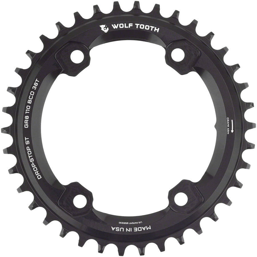 Image of Wolf Tooth Shimano 110 Asymmetric BCD Chainring - 38t 110 Asymmetric BCD 4-Bolt Drop-Stop ST For Shimano GRX Cranks Black