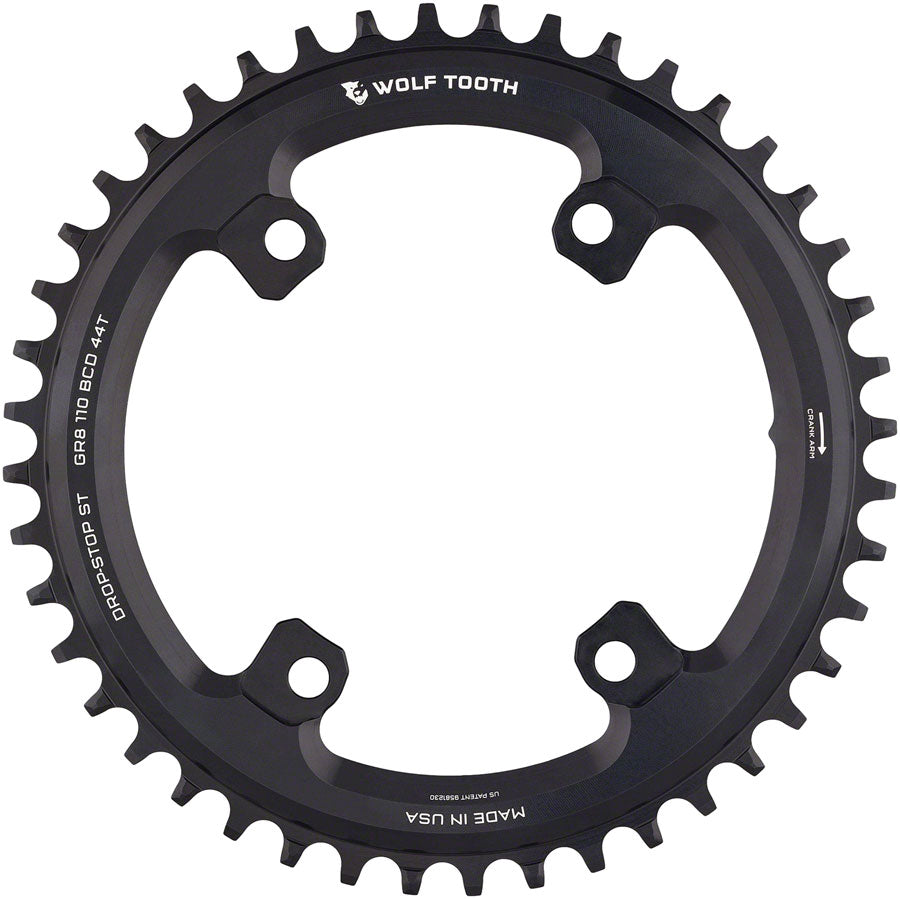 Image of Wolf Tooth Shimano 110 Asymmetric BCD Chainring - 44t 110 Asymmetric BCD 4-Bolt Drop-Stop ST For Shimano GRX Cranks Black